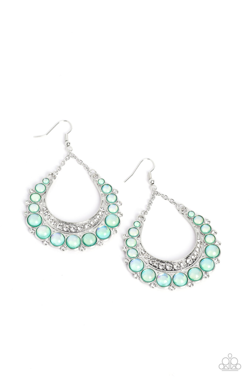 Bubbly Bling - Green Glassy Bead & White Rhinestone Silver Crescent Earring Paparazzi E1388