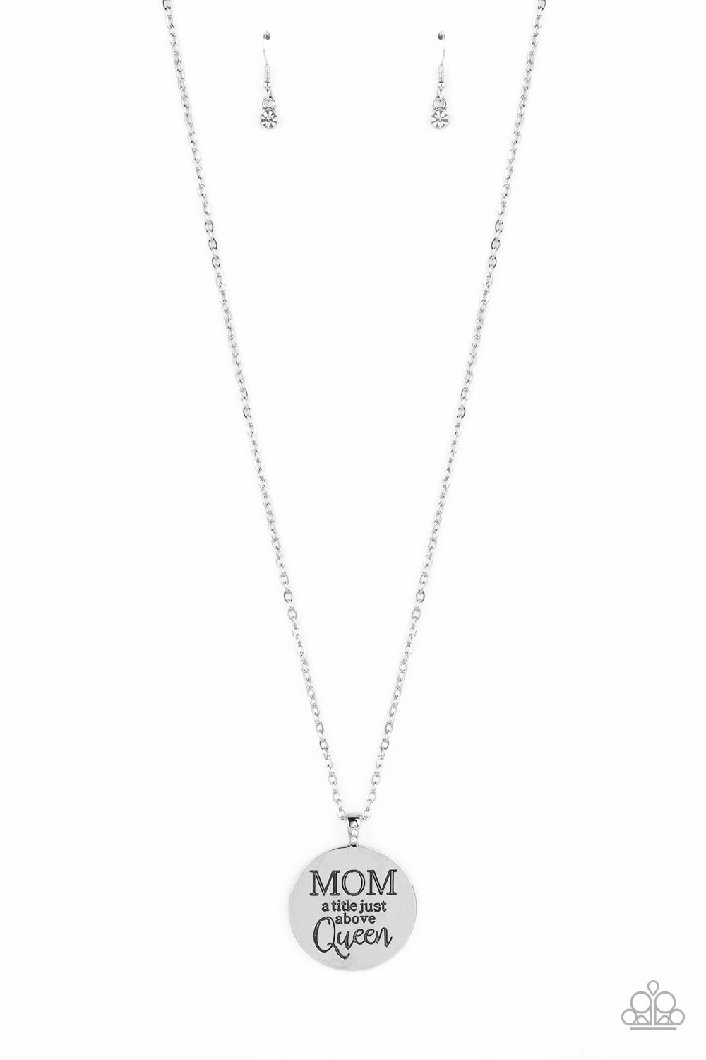 Mother Dear - White Rhinestone Silver "MOM a title just above Queen" Necklace Paparazzi N1941