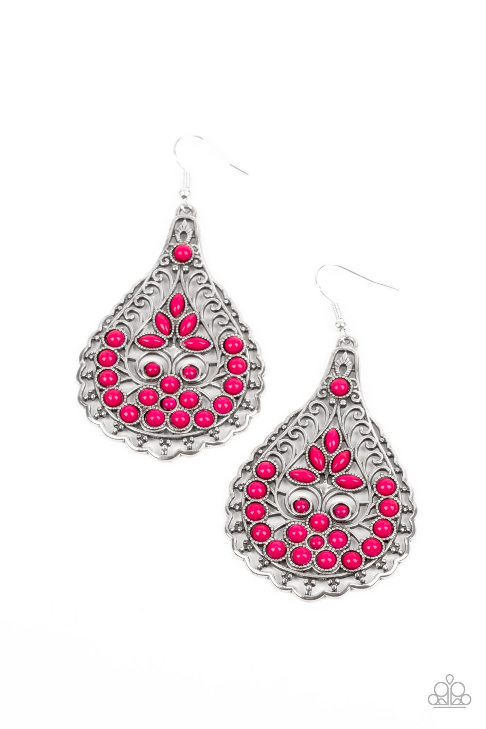 Botanical Beauty - Pink Peacock Bead & Silver Teardrop Earring Paparazzi E1203