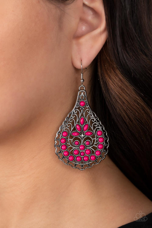 Botanical Beauty - Pink Peacock Bead & Silver Teardrop Earring Paparazzi E1203