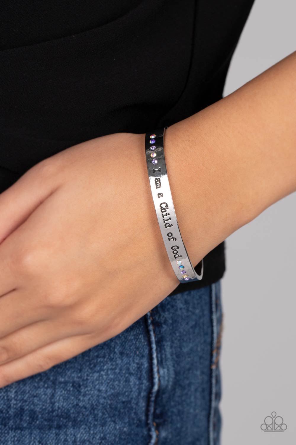 Divine Display - Multi Iridescent Rhinestone Inspirational Cuff Bracelet "I am a Child of God" Paparazzi