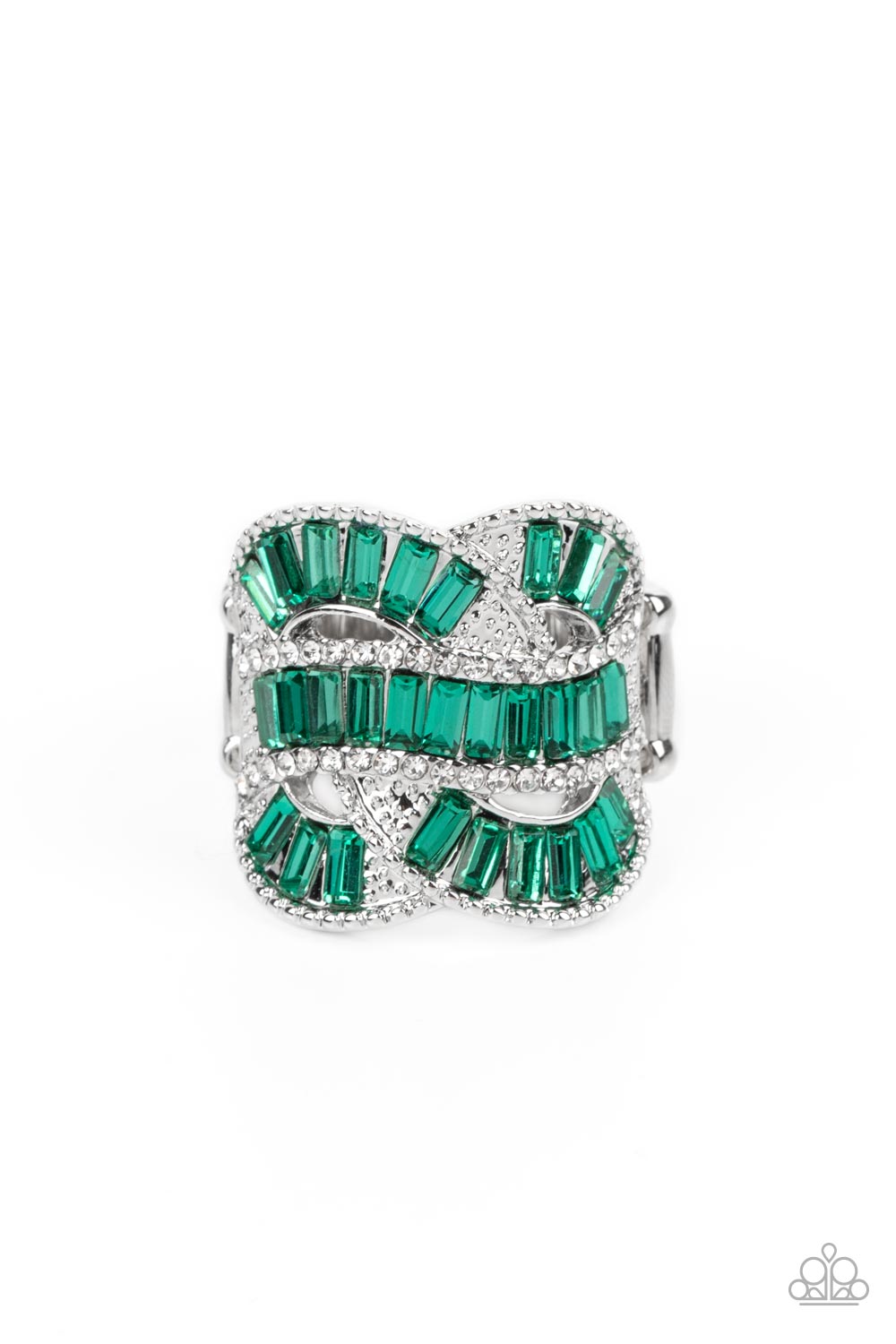 Six-Figure Flex - Green Emerald Cut Rhinestone Ring Paparazzi R0449