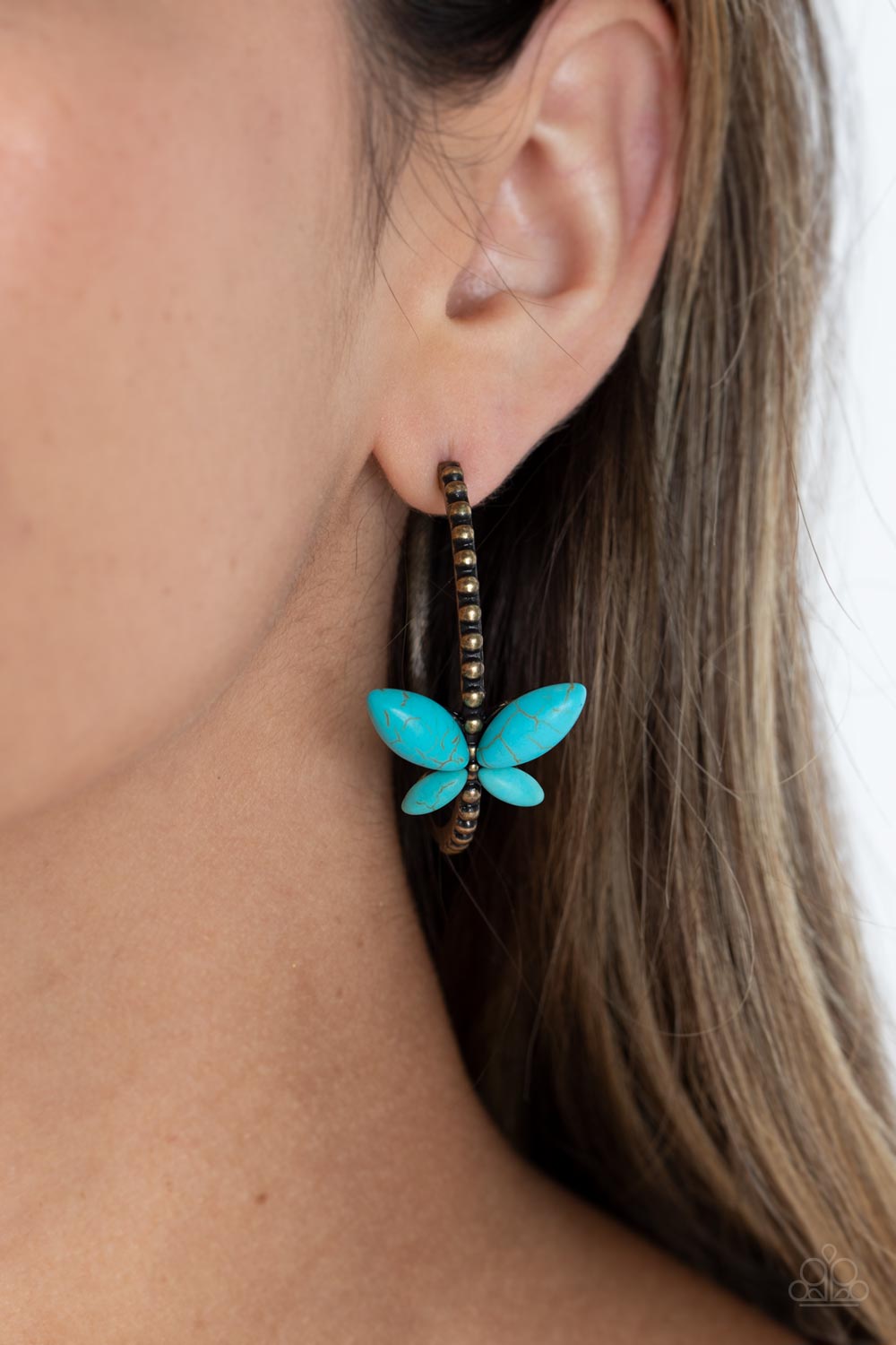 Bohemian Butterfly - Brass Turquoise Butterfly Santa Fe Style 1 1/2 Inch Hoop Earring Paparazzi E1768