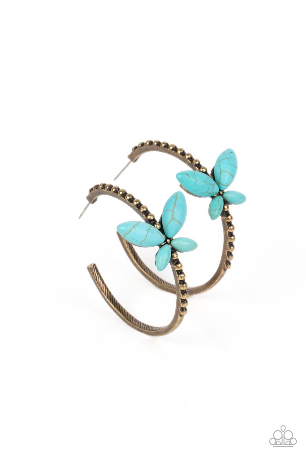 Bohemian Butterfly - Brass Turquoise Butterfly Santa Fe Style 1 1/2 Inch Hoop Earring Paparazzi E1768