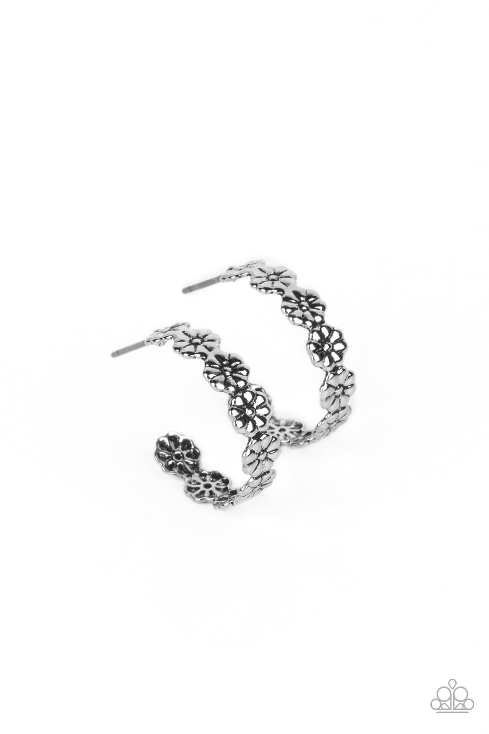 Floral Fad - Silver Flower Hoop Earring Paparazzi E1018