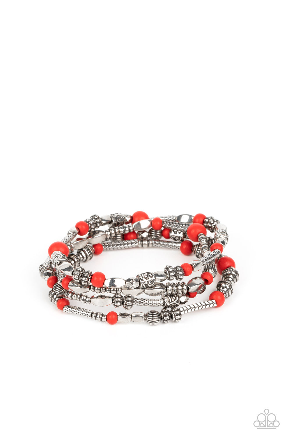 Jungle Jubilee - Red Wood Silver Bead Stretch Santa Fe Style Bracelets Paparazzi B1246