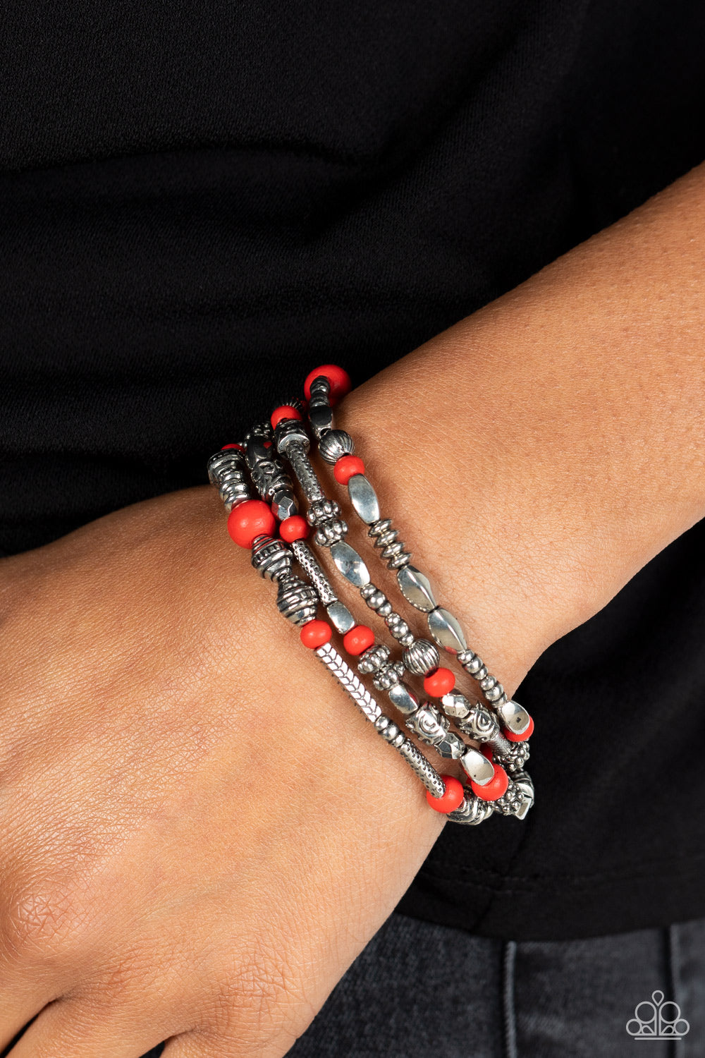 Jungle Jubilee - Red Wood Silver Bead Stretch Santa Fe Style Bracelets Paparazzi B1246