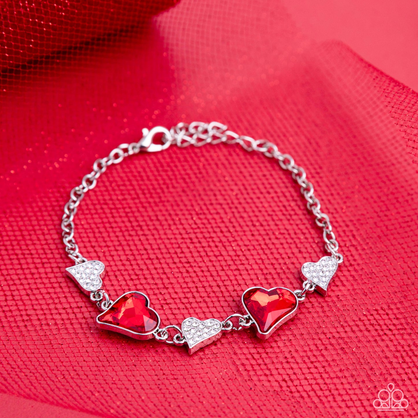 Cluelessly Crushing - Red Gem & Dainty White Rhinestone Heart Bracelet Paparazzi B0984