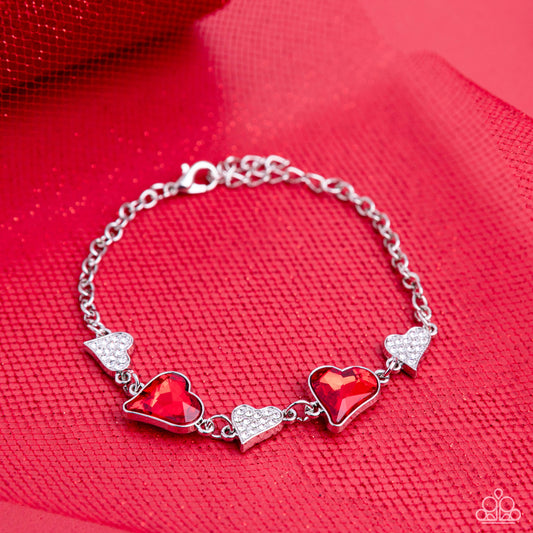 Cluelessly Crushing - Red Gem & Dainty White Rhinestone Heart Bracelet Paparazzi B0984