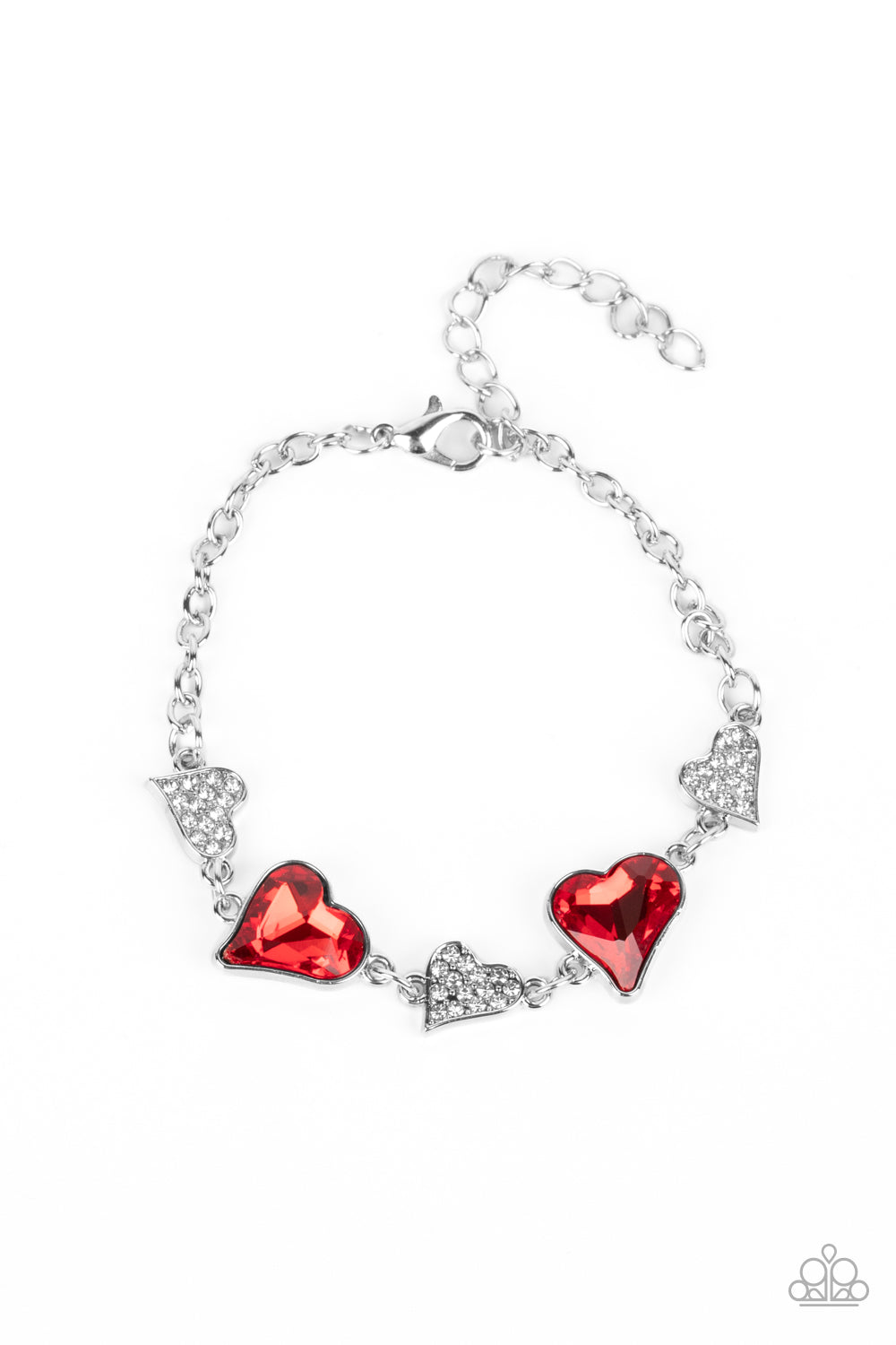 Cluelessly Crushing - Red Gem & Dainty White Rhinestone Heart Bracelet Paparazzi B0984