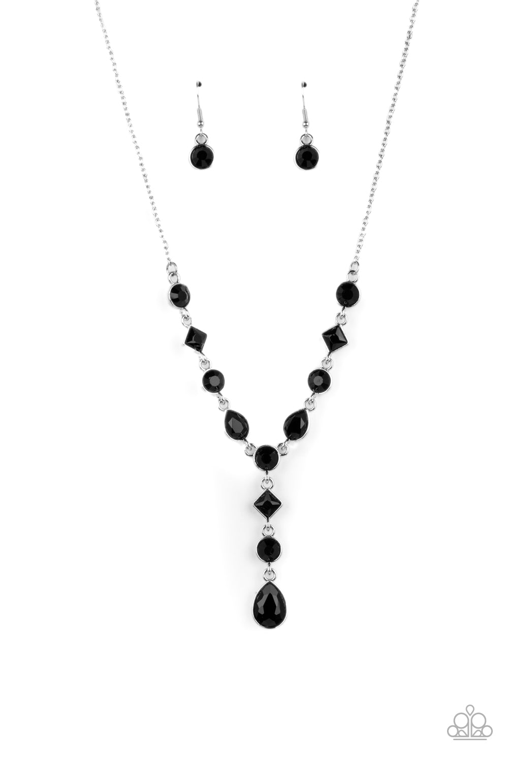 Forget the Crown - Black Rhinestone Teardrop Lariat Style Necklace Paparazzi N1414