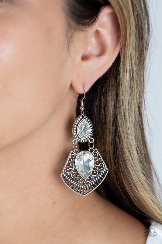 Royal Remix - White Teardrop Gem Silver Earring Paparazzi E1304