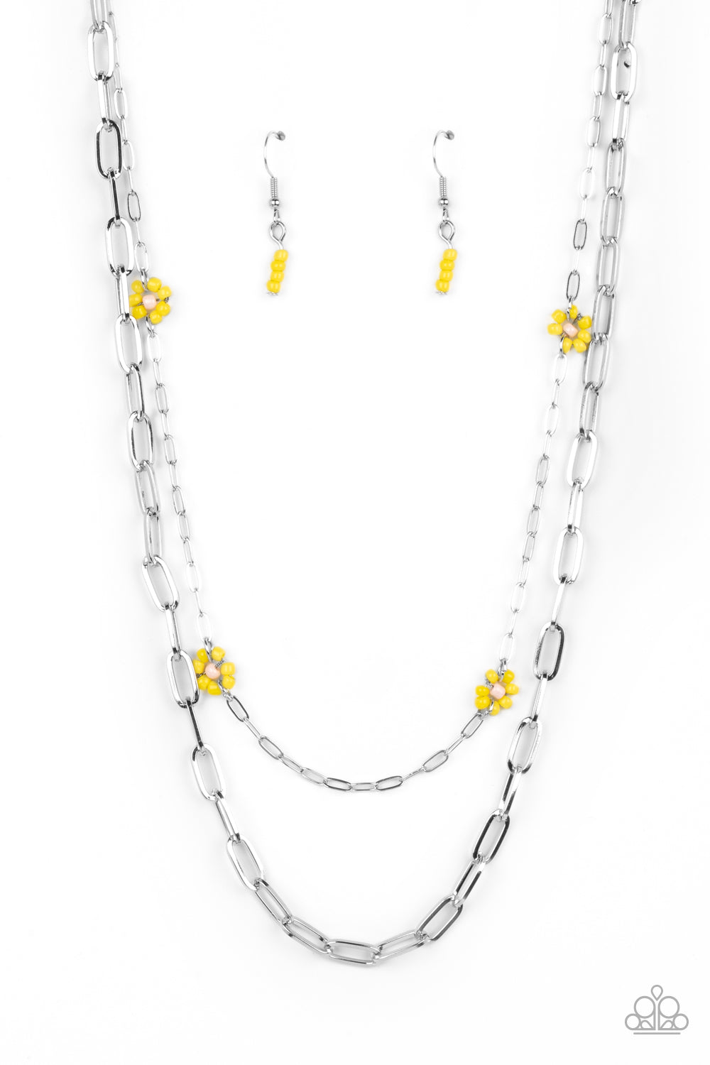 Bold Buds - Yellow Seed Bead Flower Silver Chain Necklace Paparazzi N0223