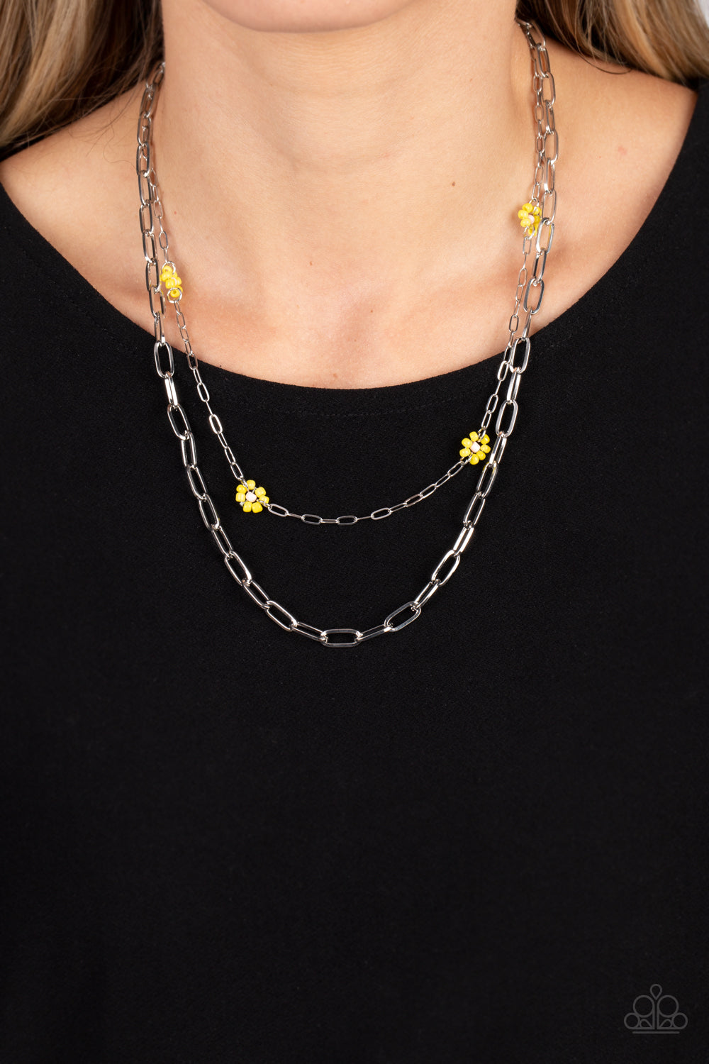 Bold Buds - Yellow Seed Bead Flower Silver Chain Necklace Paparazzi N0223