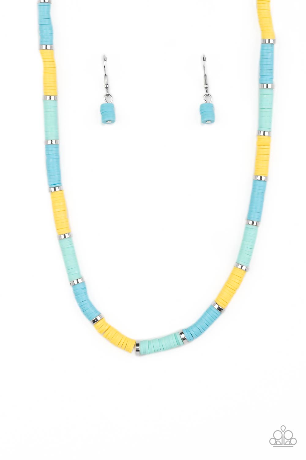 Rainbow Road - Blue Waterspout, Primrose & Turquoise Rubber Disc Necklace Paparazzi N1272