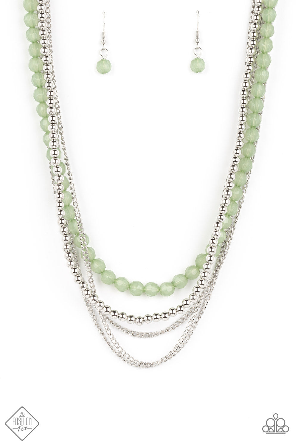 Boardwalk Babe - Green Loden Frost, Silver Bead & Silver Chain Necklace Fashion Fix October 2022 Paparazzi N1191