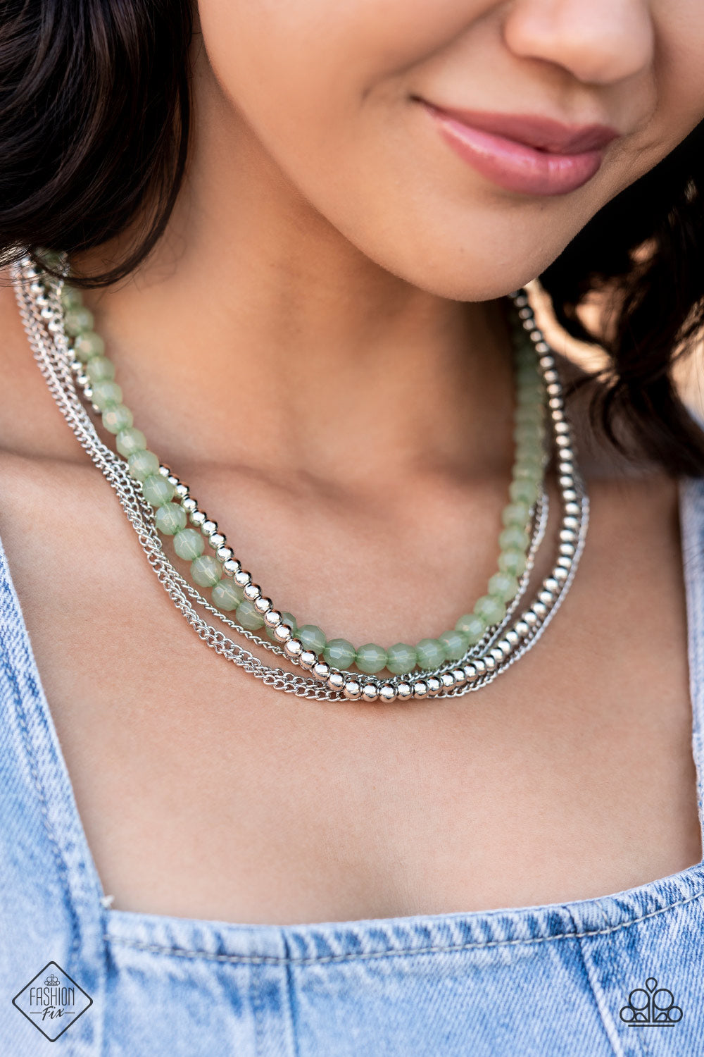 Boardwalk Babe - Green Loden Frost, Silver Bead & Silver Chain Necklace Fashion Fix October 2022 Paparazzi N1191