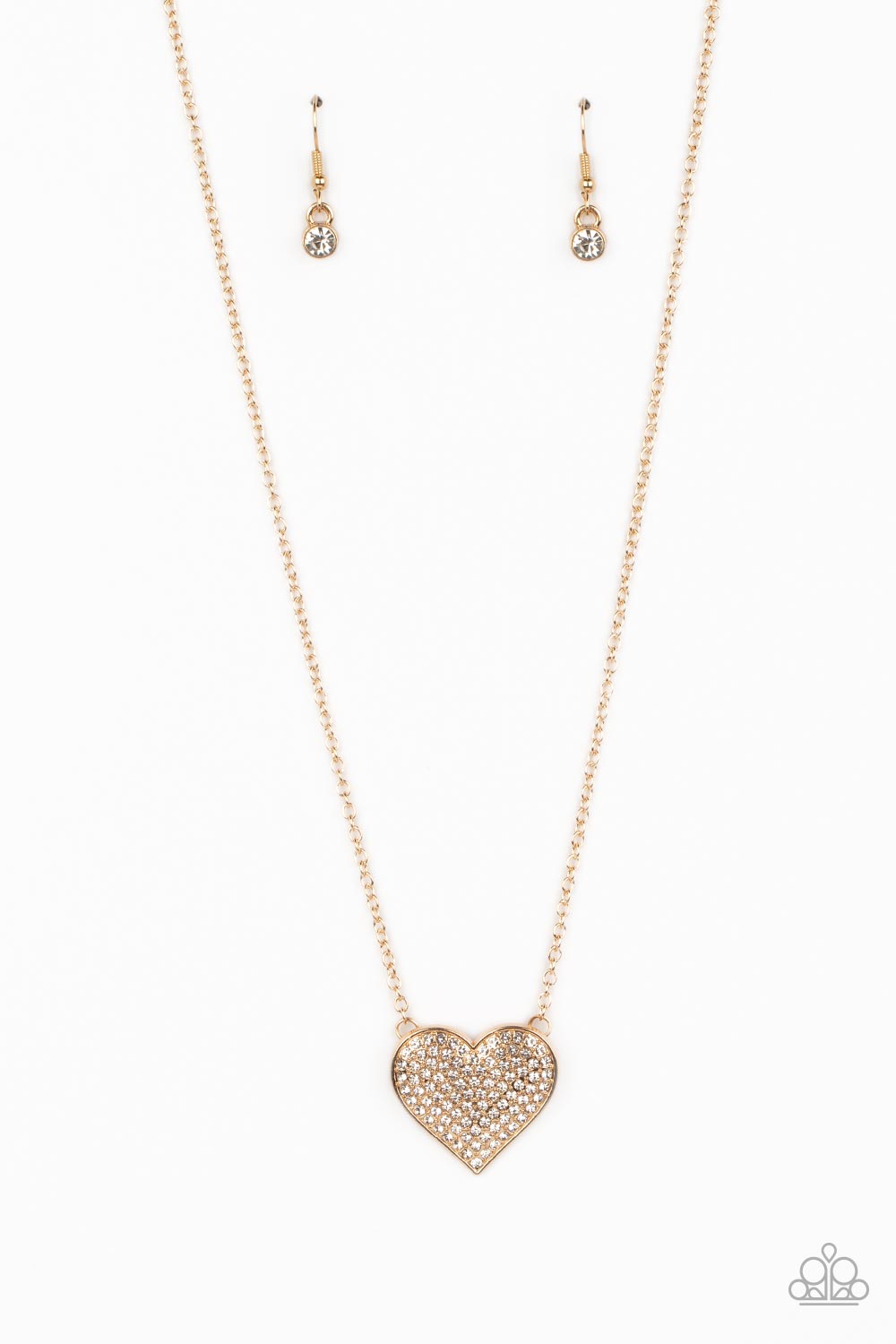 Spellbinding Sweetheart - Gold & White Rhinestone Heart Necklace Paparazzi N1353