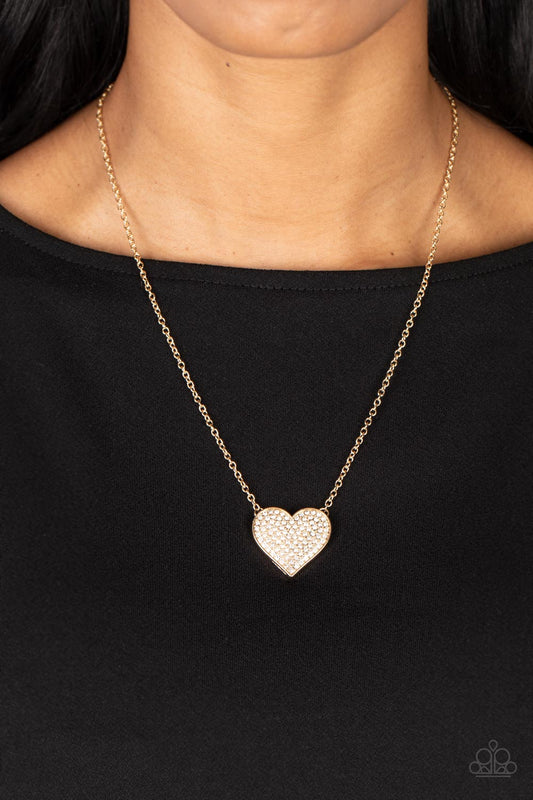 Spellbinding Sweetheart - Gold & White Rhinestone Heart Necklace Paparazzi N1353