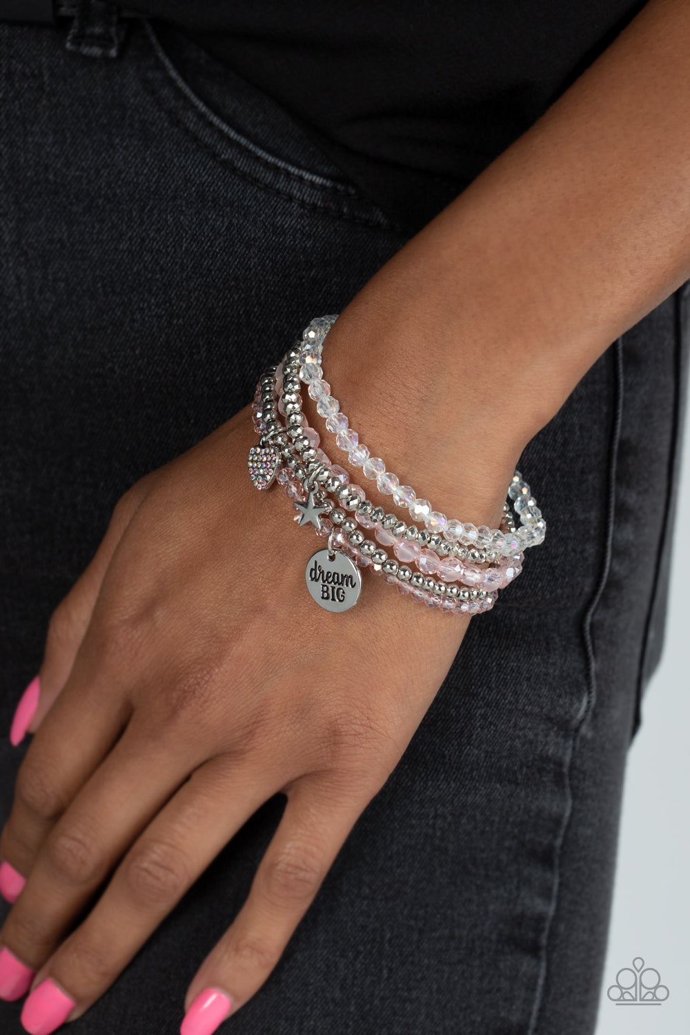 Teenage DREAMER - Pink, White & Silver Bead Inspirational Stretch Bracelets "dream BIG" Paparazzi B0863