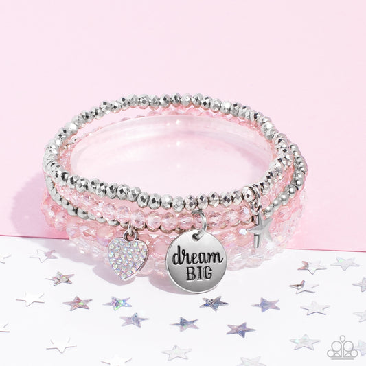 Teenage DREAMER - Pink, White & Silver Bead Inspirational Stretch Bracelets "dream BIG" Paparazzi B0863