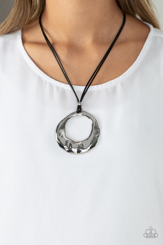 Tectonic Treasure - Silver Hammered Hoop Black Cording Necklace Paparazzi N1514