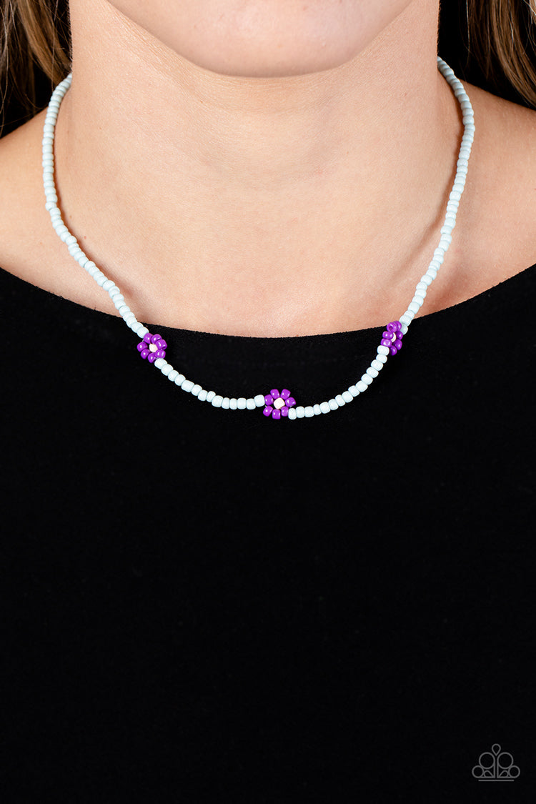 Bewitching Beading - Purple Flower Blue Seed Bead Necklace Paparazzi N1518