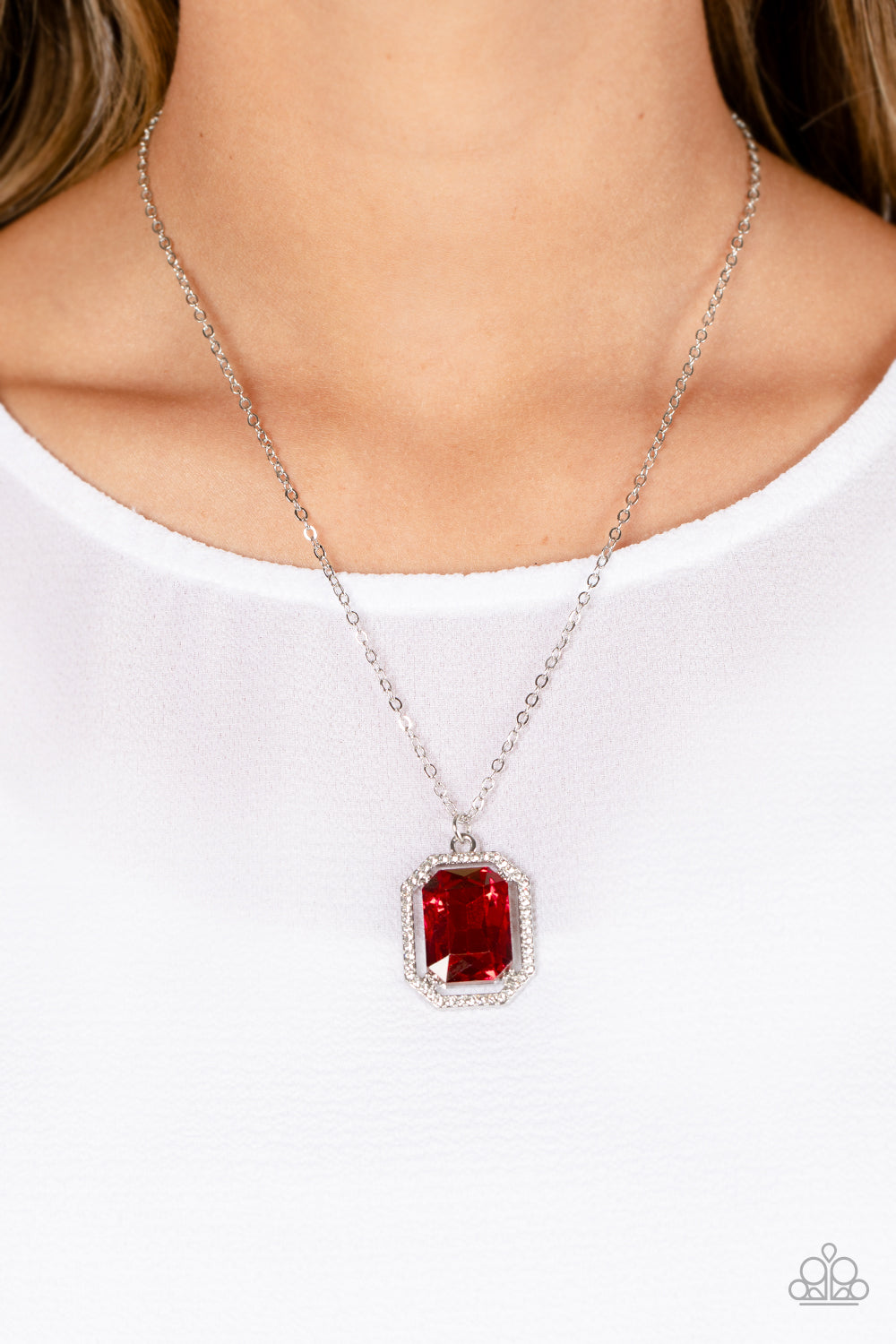 Galloping Gala - Red Emerald Cut Gem White Rhinestone Necklace Paparazzi N1633