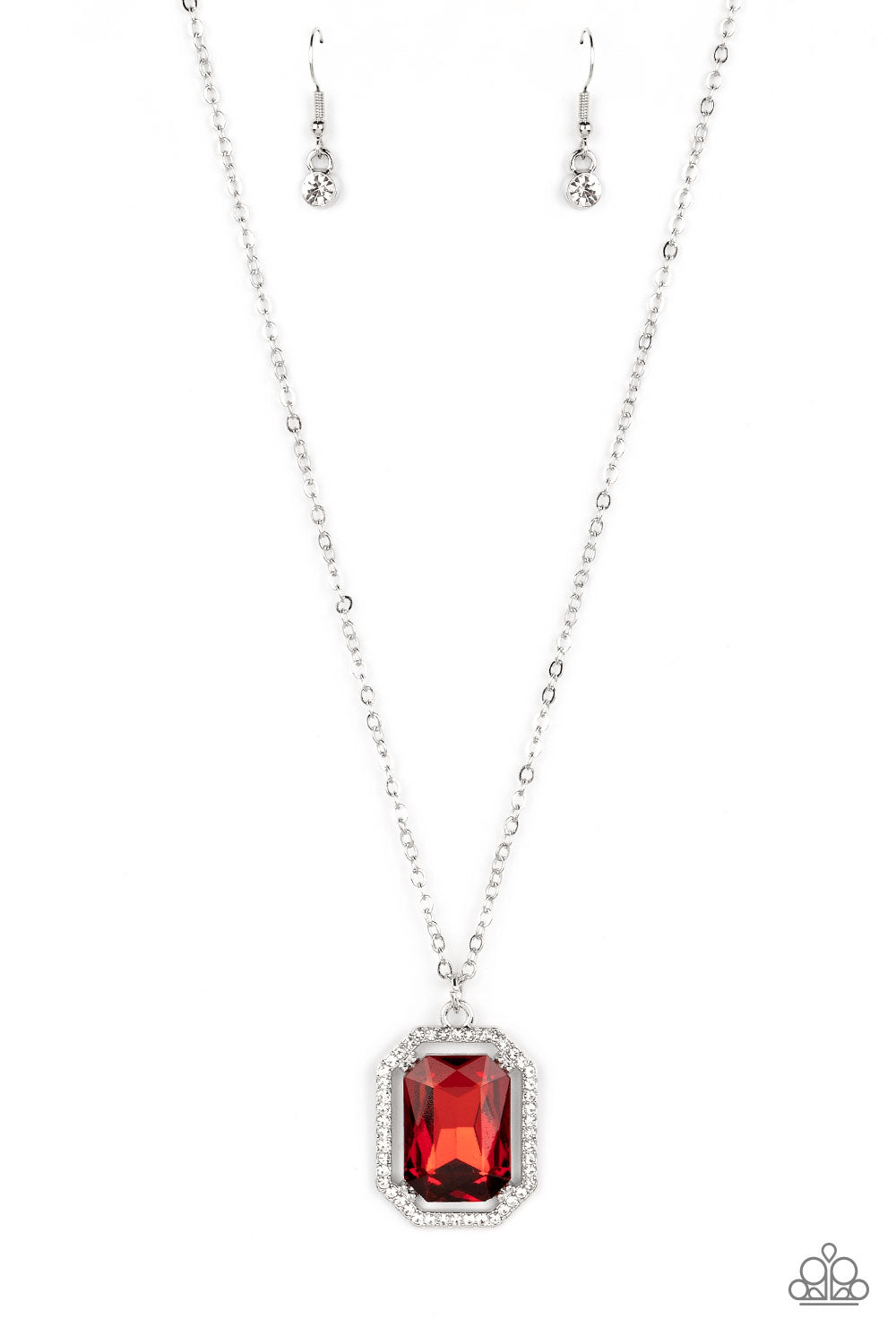 Galloping Gala - Red Emerald Cut Gem White Rhinestone Necklace Paparazzi N1633