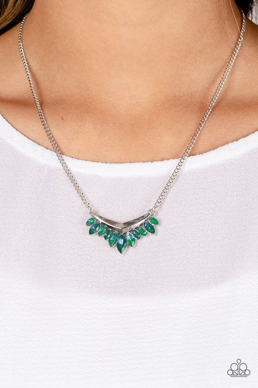 Flash of Fringe - Green Marquise Gem With Blue Shimmer Necklace Paparazzi N1734