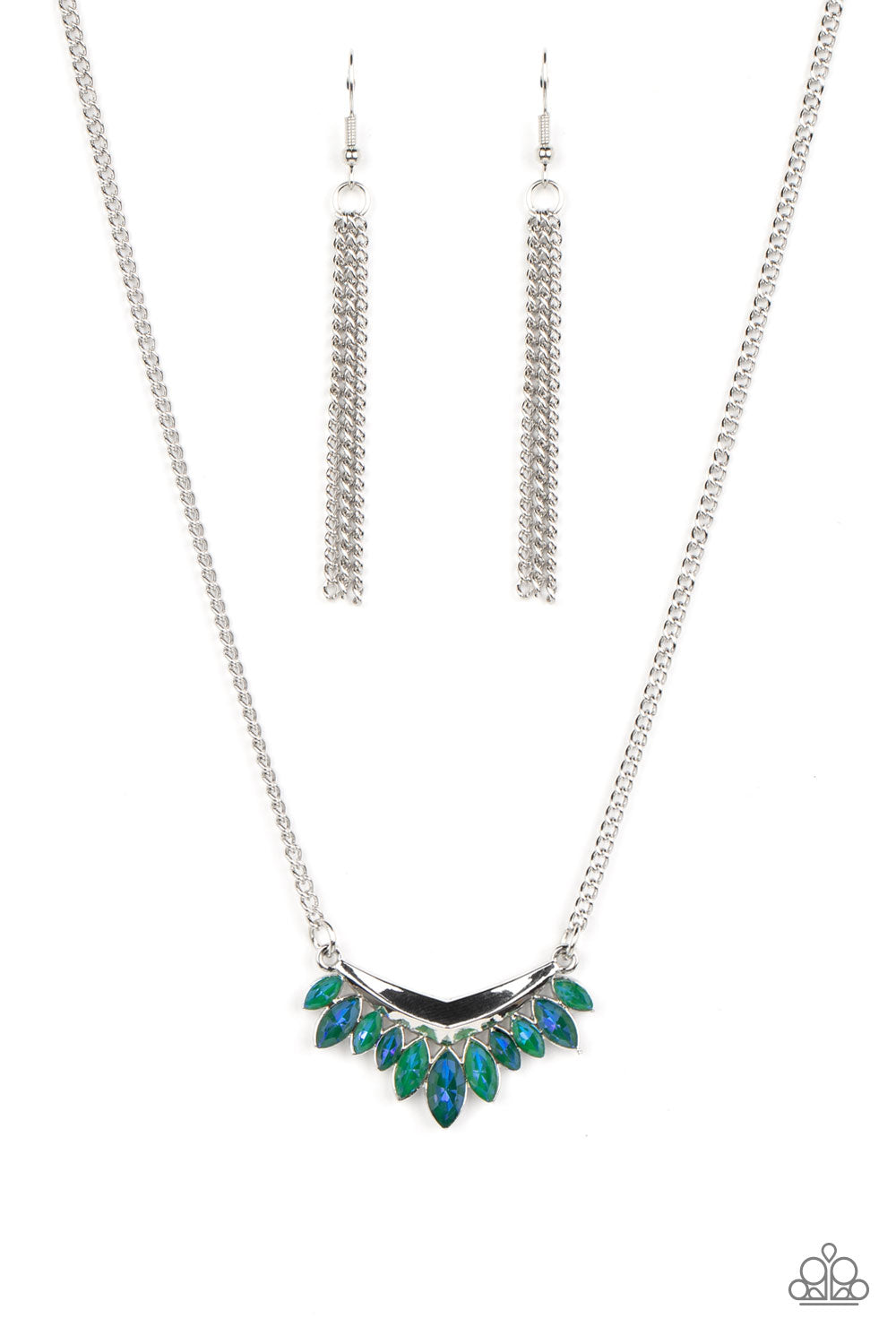 Flash of Fringe - Green Marquise Gem With Blue Shimmer Necklace Paparazzi N1734