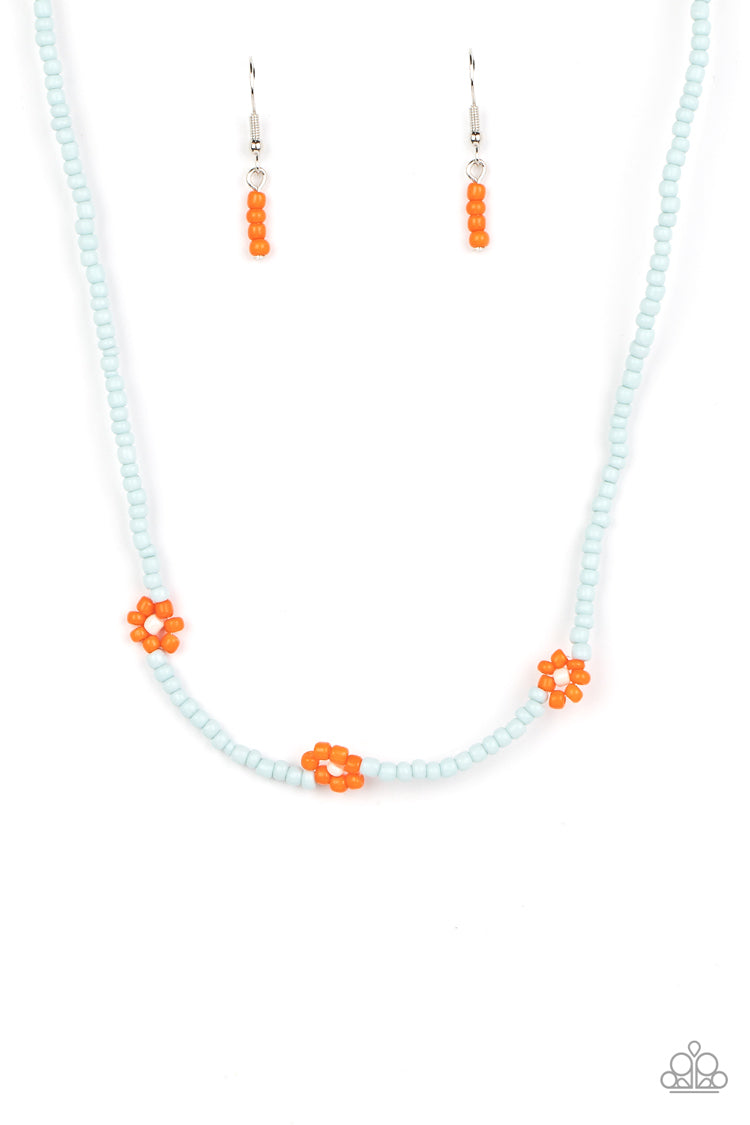 Bewitching Beading - Orange Flower & Blue Seed Bead Necklace Paparazzi N1576