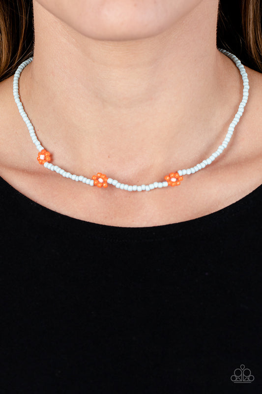 Bewitching Beading - Orange Flower & Blue Seed Bead Necklace Paparazzi N1576