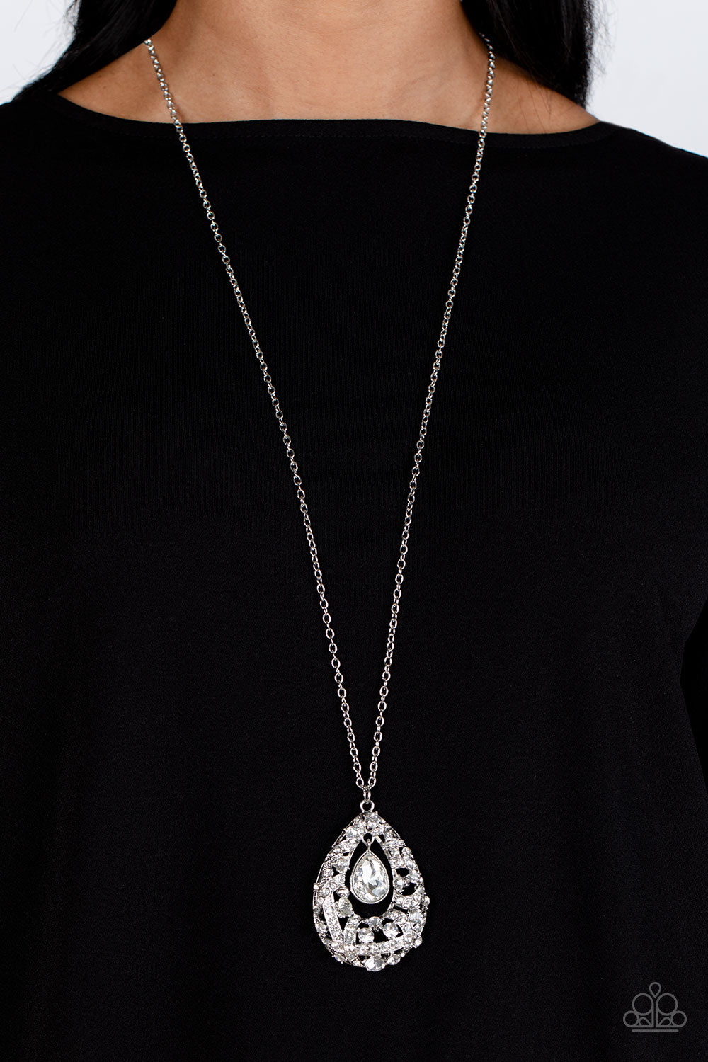 Glitz and GLOW - White Teardrop Rhinestones & Gem Necklace Paparazzi N1647