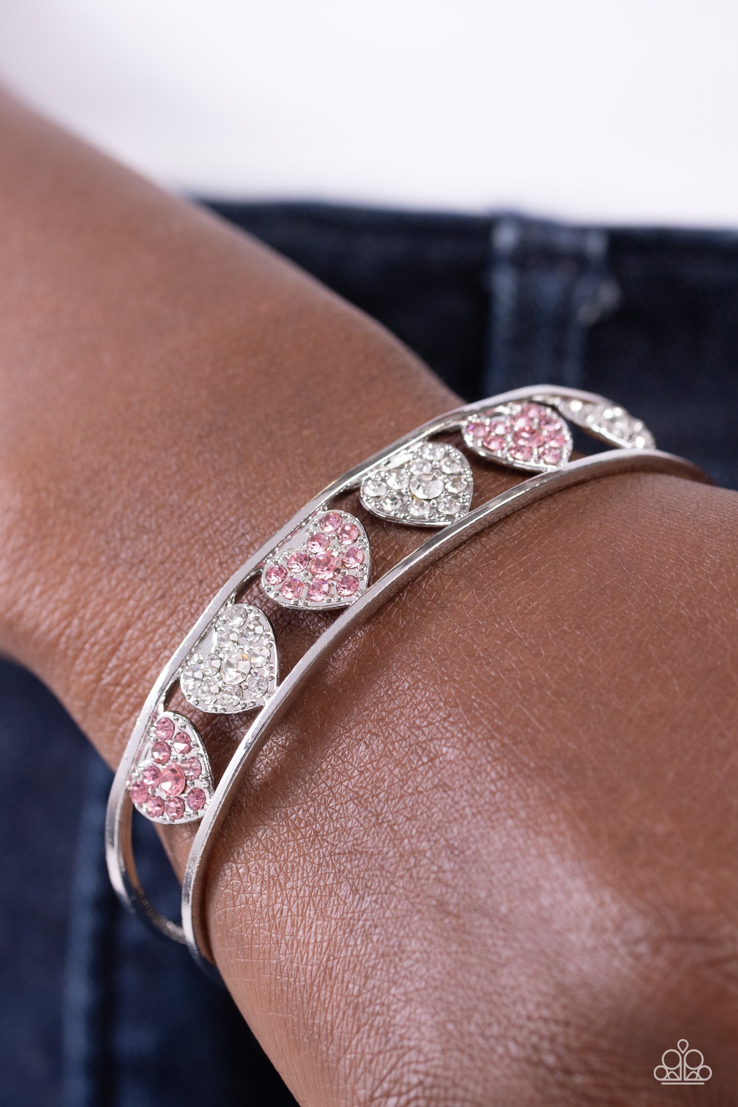 Decadent Devotion - Pink Light Rose & White Rhinestone Heart Bracelet Paparazzi B1391