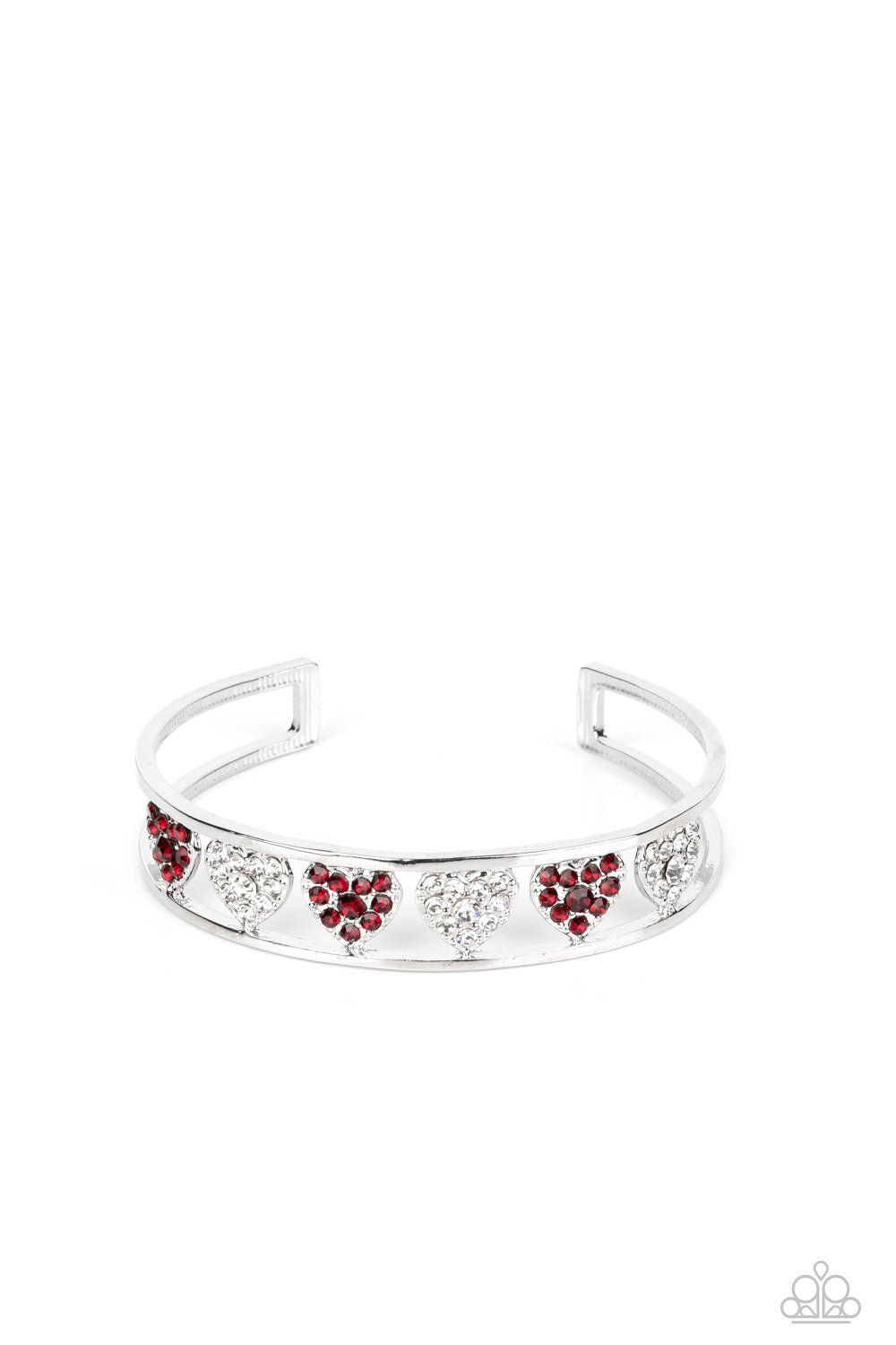 Decadent Devotion - Red & White Rhinestone Heart Cuff Bracelet Paparazzi B0917