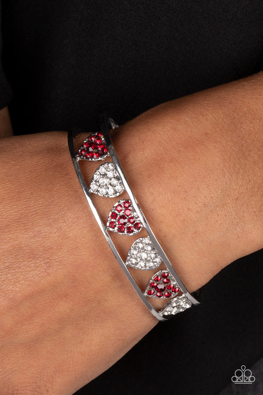 Decadent Devotion - Red & White Rhinestone Heart Cuff Bracelet Paparazzi B0917