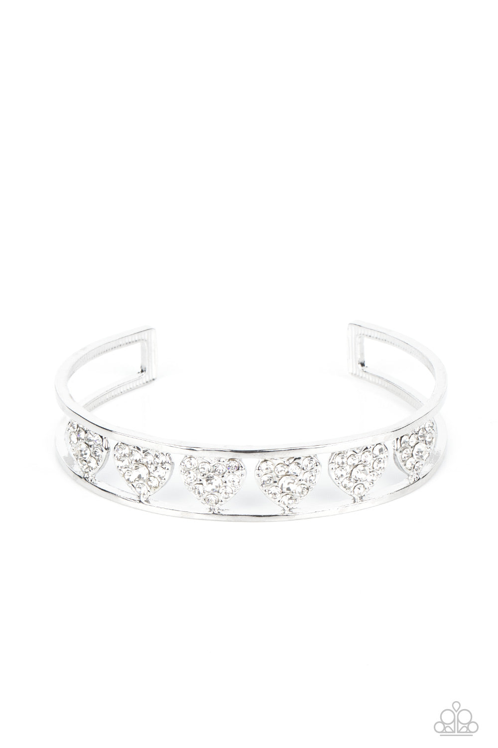 Decadent Devotion - White Rhinestone Heart Silver Cuff Bracelet Paparazzi B0916