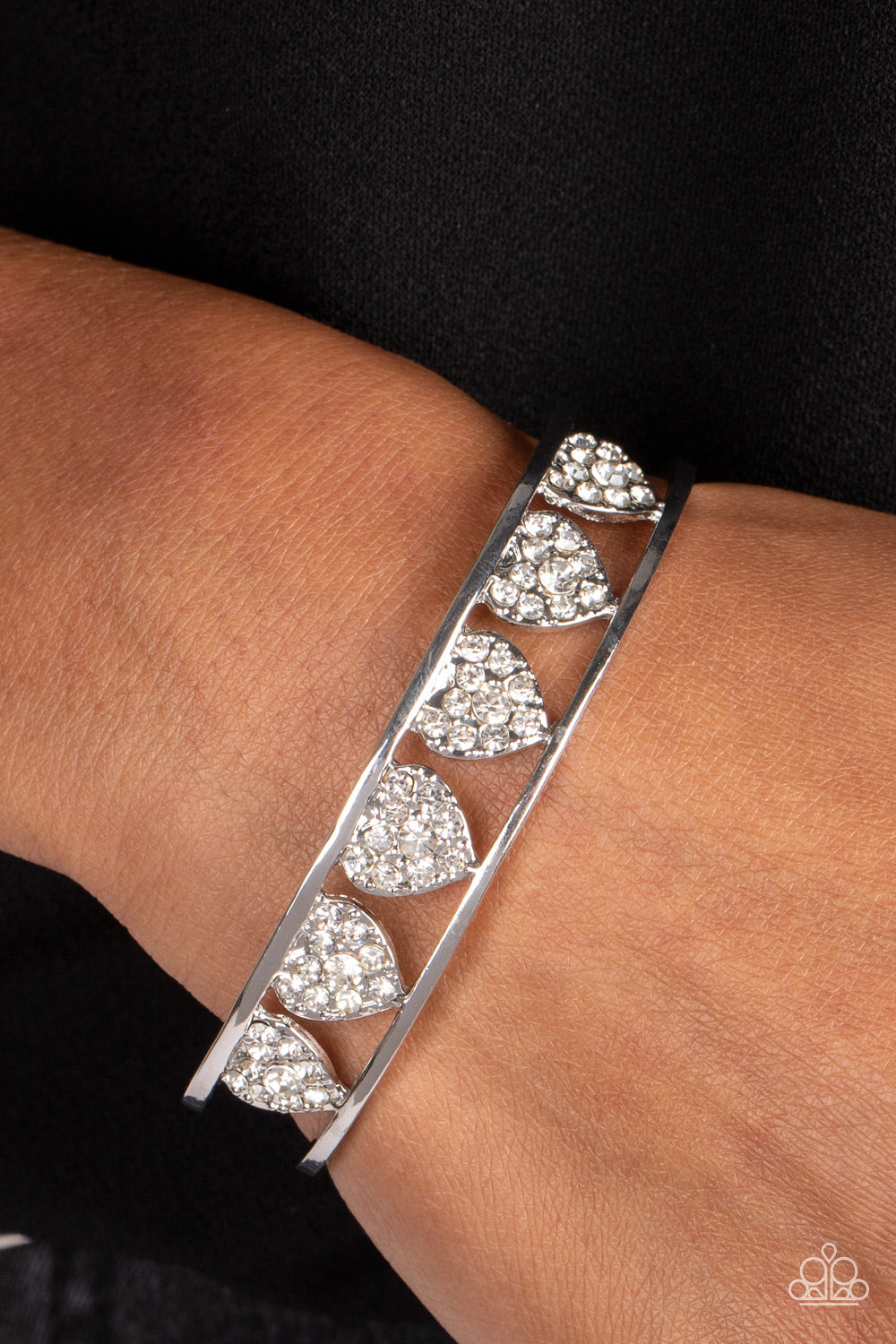 Decadent Devotion - White Rhinestone Heart Silver Cuff Bracelet Paparazzi B0916