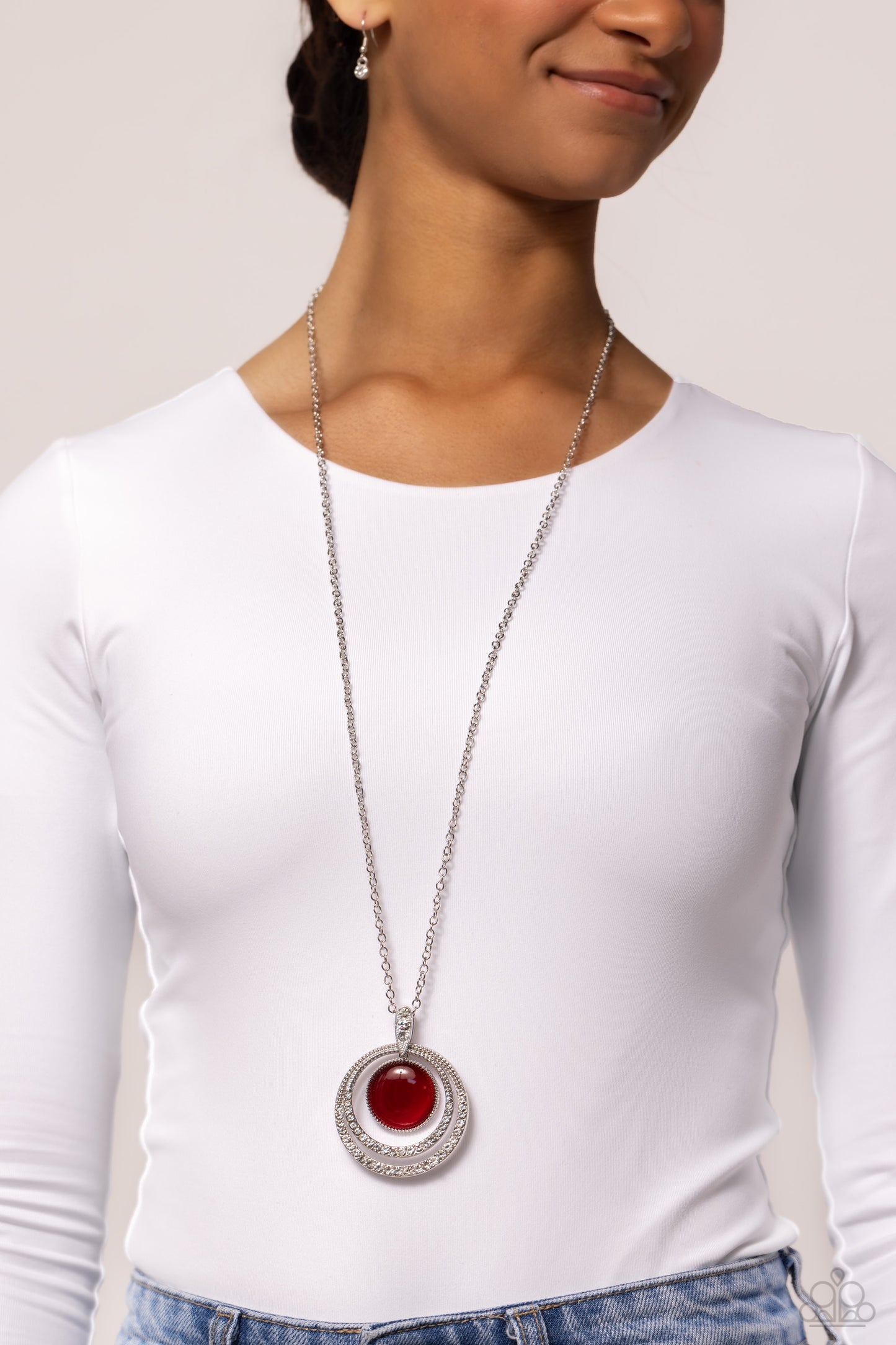 Cats Eye Couture - Red Cat's Eye Stone & White Rhinestone Necklace Paparazzi N2050