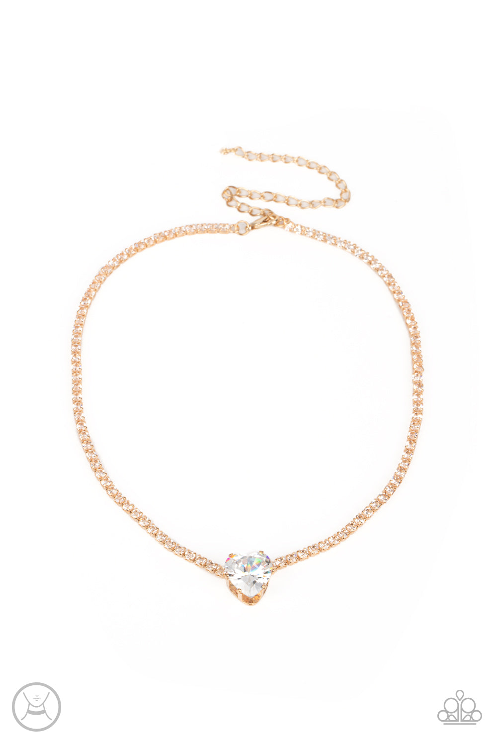 Flirty Fiancé - Gold, White Gem Heart & Rhinestone Choker Necklace Paparazzi N1436