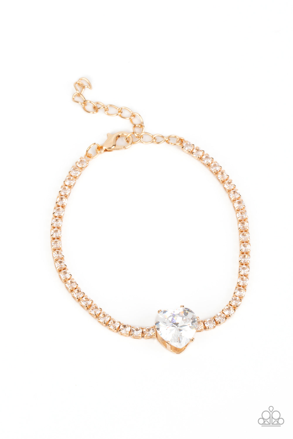 Bedazzled Beauty - Gold, White Rhinestone & White Gem Heart Bracelet Paparazzi B0991