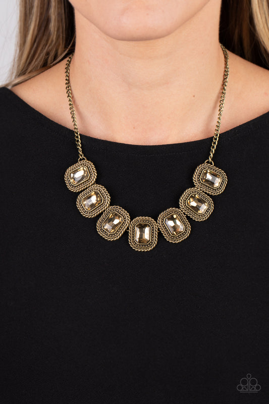 Iced Iron - Brass Radiant Rhinestone Necklace Paparazzi N1246