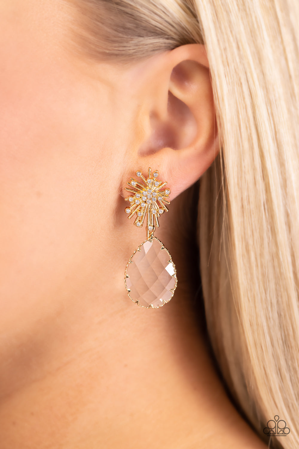 Stellar Shooting Star - Gold Starburst White Rhinestone Teardrop Earring Paparazzi E1808