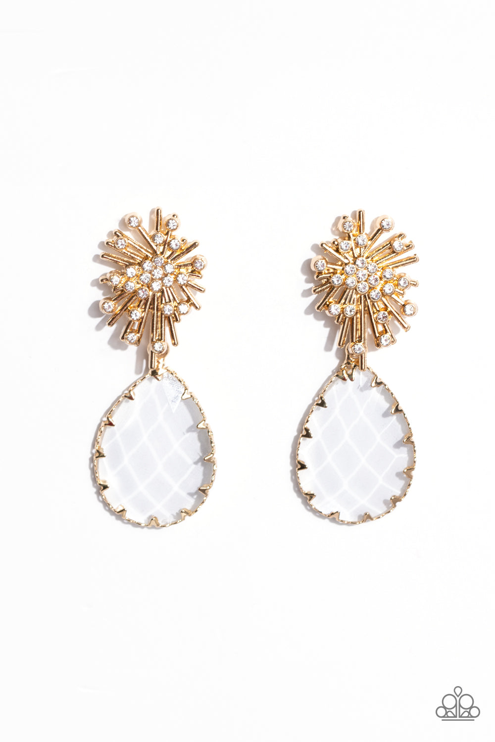 Stellar Shooting Star - Gold Starburst White Rhinestone Teardrop Earring Paparazzi E1808