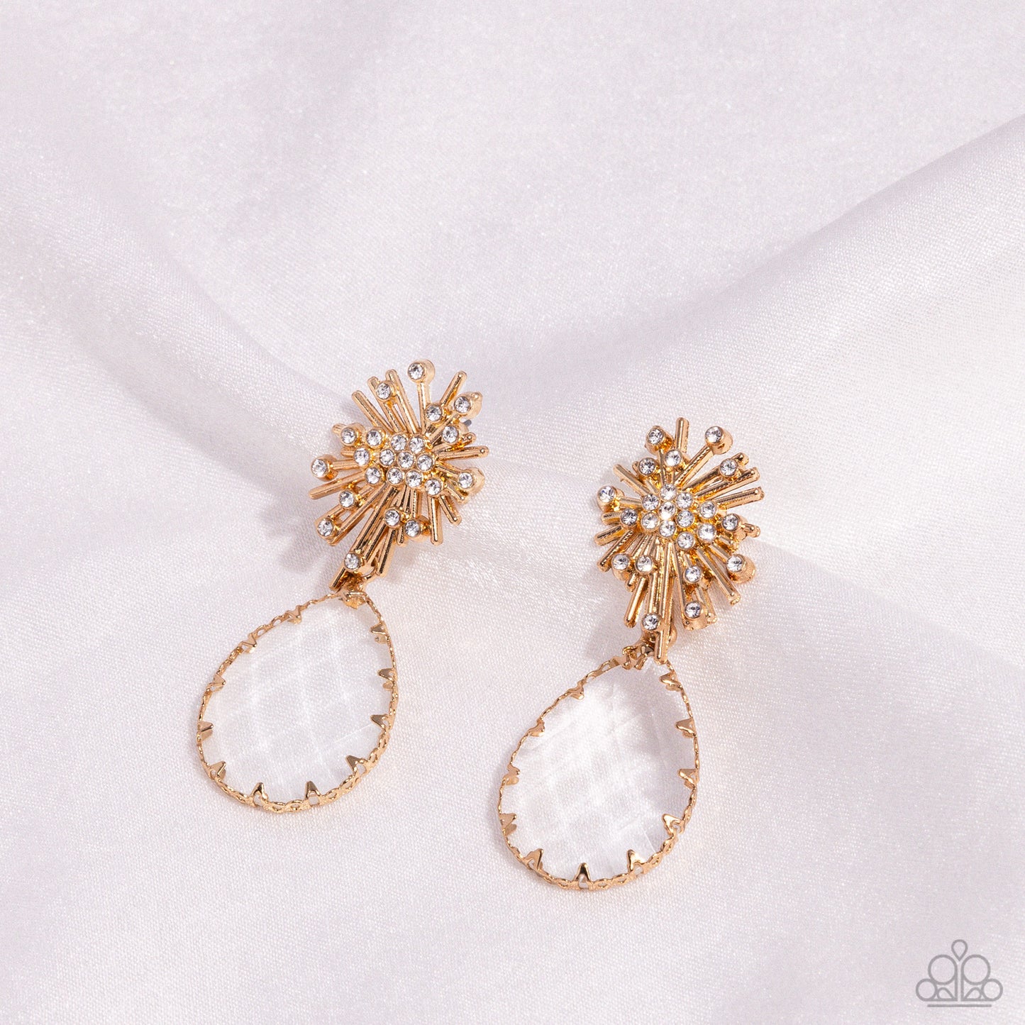 Stellar Shooting Star - Gold Starburst White Rhinestone Teardrop Earring Paparazzi E1808