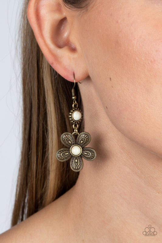 Free-Spirited Flourish - Brass Flower White Santa Fe Style Stone Earring Paparazzi E1330