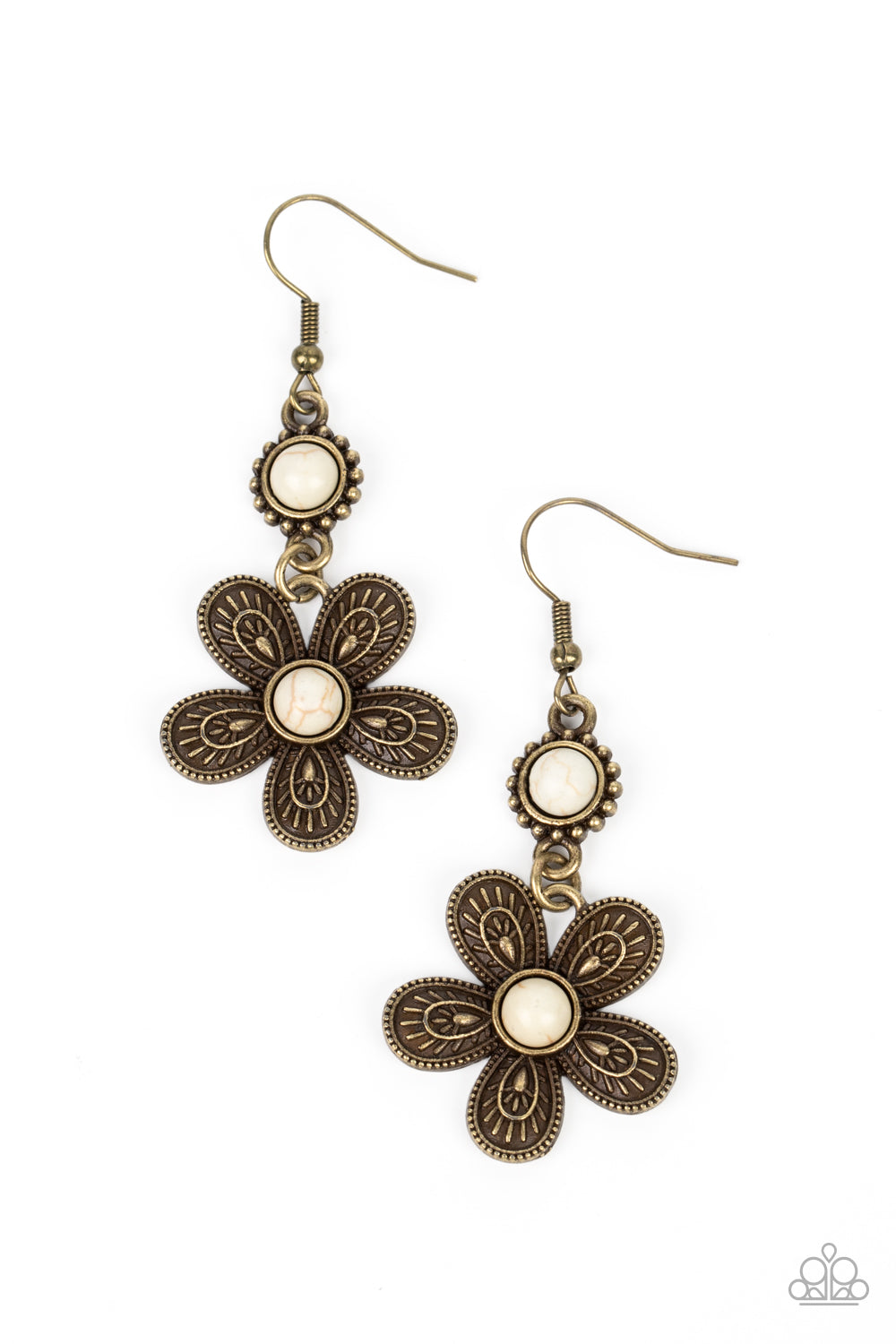 Free-Spirited Flourish - Brass Flower White Santa Fe Style Stone Earring Paparazzi E1330