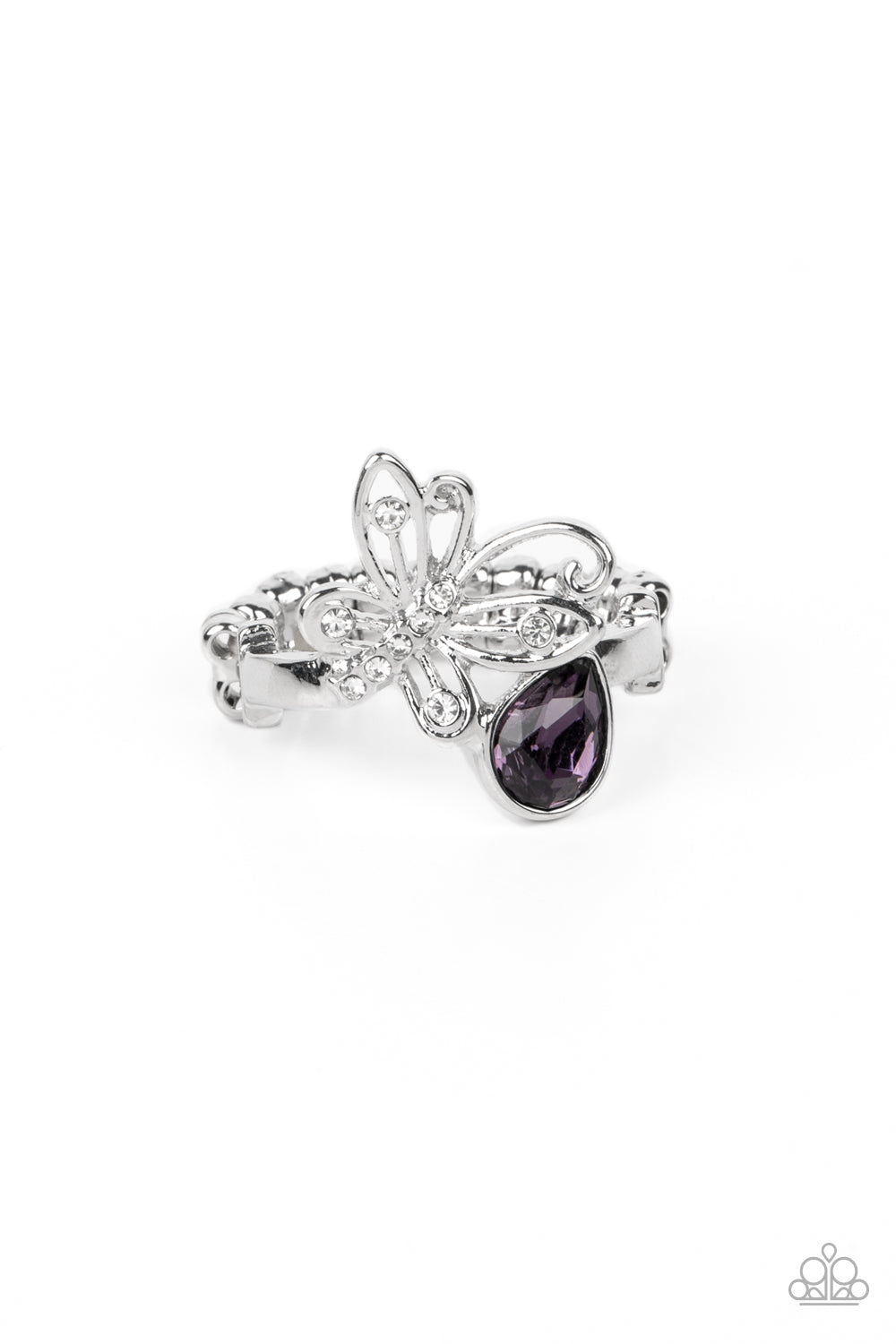 Flawless Flutter - Purple Rhinestone with Silver Butterfly Ring Paparazzi R0383