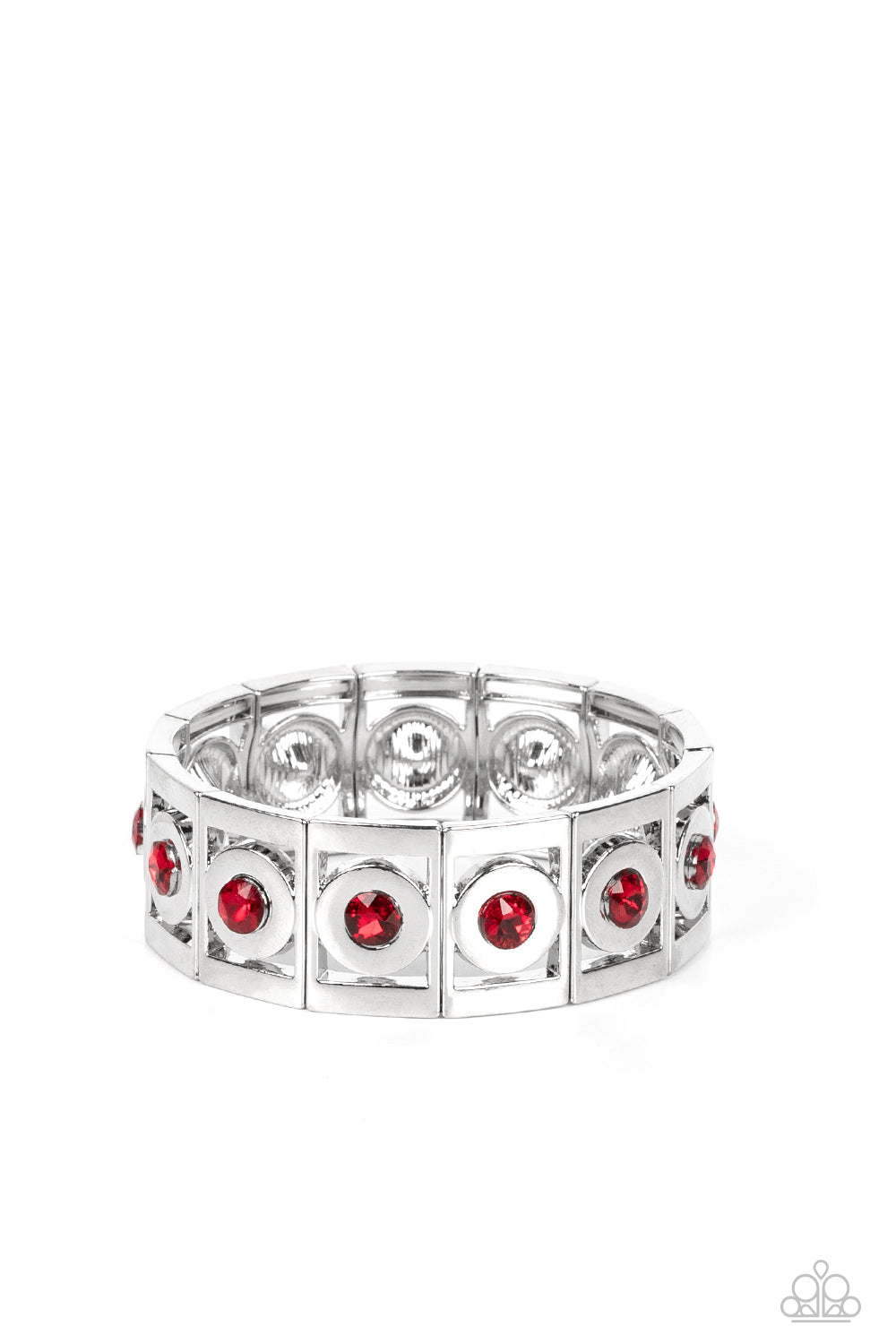 Stretch of Drama - Red Vibrant Rhinestone Silver Stretch Bracelet Paparazzi B1375